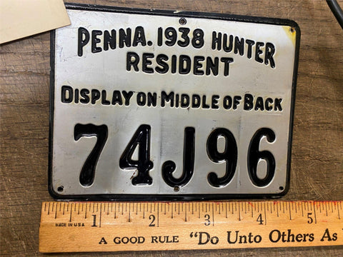 Vtg  1938 Hunting License PA Metal Tag Collectible Game Hunter Commission