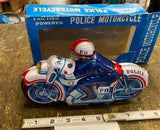 NOS Japan Police Bike Tin Toy Motorcycle Friction Powered Litho Orig Box Minty!