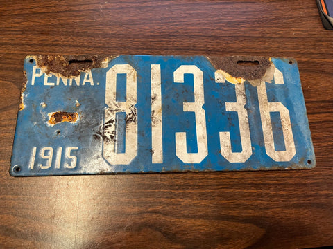 Vtg Antique Original 1915 Pennsylvania License Plate 81336 Blue Enamel