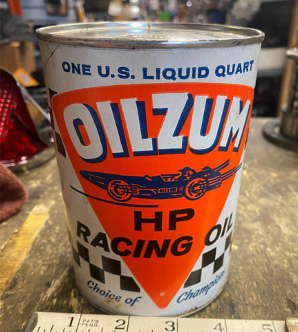 Vtg OILZUM HP RACING OIL Can Gas & Oil Advertising Full Indy Car Great Graphics!