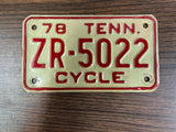 VTG Original 1978 Tennessee Motorcycle License Plate ZR-5022 Harley Indian