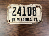 VTG Original 1971 Virginia Motorcycle License Plate 24108 Harley Indian