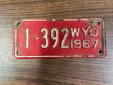 VTG Original 1967 Wyoming Motorcycle License Plate 1-392 Harley Indian