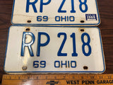 Vintage Original 1969 Ohio License Plate Set Of 2 RP 218 Man Cave