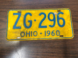 Vintage Original 1960 Ohio License Plate ZG-296 Man Cave