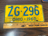 Vintage Original 1960 Ohio License Plate ZG-296 Man Cave