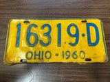 Vintage Original 1960 Ohio License Plate 16319-D Man Cave
