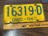 Vintage Original 1960 Ohio License Plate 16319-D Man Cave