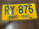 Vintage Original 1960 Ohio License Plate RY-876 Man Cave