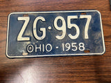 Vintage Original 1958 Ohio License Plate ZG-957 Man Cave