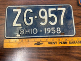 Vintage Original 1958 Ohio License Plate ZG-957 Man Cave