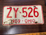 Vintage Original 1959 Ohio License Plate ZY-526 Man Cave