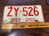 Vintage Original 1959 Ohio License Plate ZY-526 Man Cave