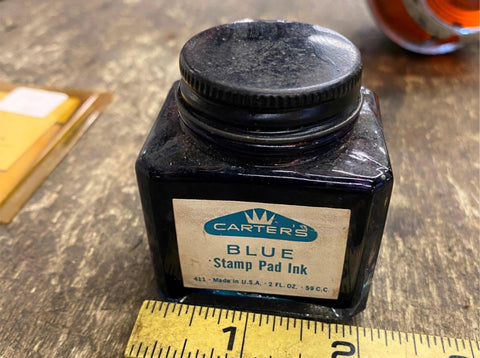 Vtg Carters Blue Stamp Pad In 2 oz Bottle Glass Collectible Office