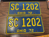 Vintage Original 1972 Ohio License Plate SC-1202 Pair Of 2 Man Cave