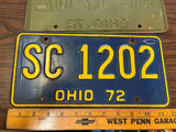 Vintage Original 1972 Ohio License Plate SC-1202 Pair Of 2 Man Cave