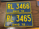Vintage Original 1972 Ohio License Plate RL-3466 Pair Of 2 Man Cave