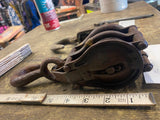 Vtg Cast Iron Industrial Heavy Double Wheel Pulley Block Tackle Hook Barn Decor