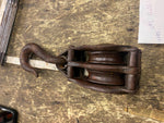 Vtg Cast Iron Industrial Heavy Double Wheel Pulley Block Tackle Hook Barn Decor
