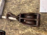 Vtg Cast Iron Industrial Heavy Double Wheel Pulley Block Tackle Hook Barn Decor