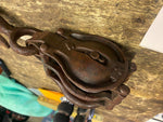 Vtg Cast Iron Industrial Heavy Double Wheel Pulley Block Tackle Hook Barn Decor
