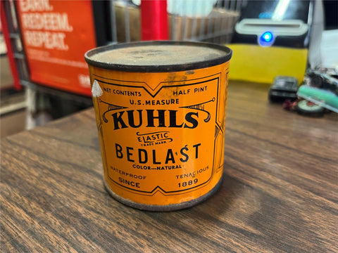 Vtg Antique 30s Elastic Kuhls Bedlast Half Pint Tin Unopened Brooklyn NY Oil Can