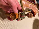 Vintage German Hand Carved Wood Wooden Wine Whiskey Bottle Stoppers Mechanical