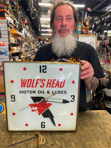 Vtg Rare Clock Wolfs head oil Gas collector Wall Clock Advertising Sign 50's!