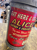 Vtg Alices Restaurant Tin Can Lunchbox Rt 66 Auto Truck Oil Gas Man CAve Collect