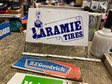 Vtg Laramie Display Tire Rack Tin Sign Auto Truck Oil Gas Indian Advertising Dou