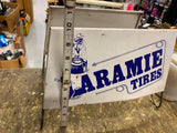 Vtg Laramie Display Tire Rack Tin Sign Auto Truck Oil Gas Indian Advertising Dou