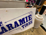 Vtg Laramie Display Tire Rack Tin Sign Auto Truck Oil Gas Indian Advertising Dou
