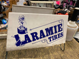 Vtg Laramie Display Tire Rack Tin Sign Auto Truck Oil Gas Indian Advertising Dou