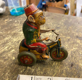 Vtg Wind up Tin Toy Monkey Germany U.S Zone 50's Tricycle Mechanical Arnold Cycl