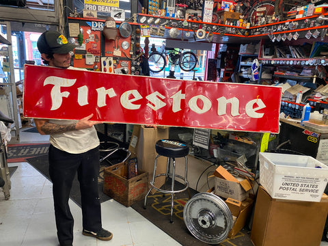 Vtg Firestone Embossed Tin Display Sign 72x14 OIL Gas Service Station Garage Cav