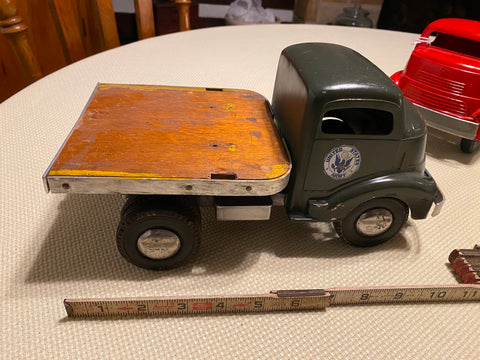 SMITH MILLER TIN TOY SEMI STEEL TRUCK FLAT NOSE MILITARY ARMY FLATBED HAULER 50'