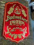 Vtg 70's Budweiser King Of Beer Tin Sign Wood 25x15 Tavern Man Cave Embossed!