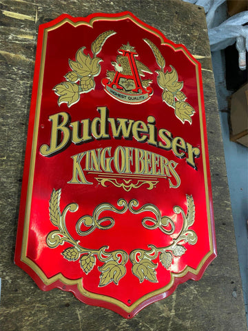 Vtg 70's Budweiser King Of Beer Tin Sign Wood 25x15 Tavern Man Cave Embossed!