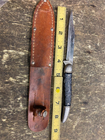 Colonial Fixed Blade Knife Hunting Fighting Prov USA Sheath Vtg Black Bone 4" Bl