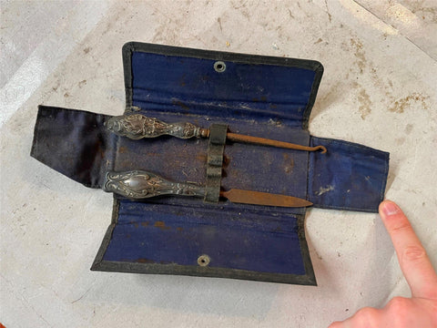 VTG Antique Victorian Silver Plated Ladies Manicure Nail Portable Kit Leather