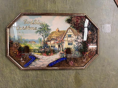 Antique Octagonal Shape Convex Metal Frame "God Bless Our Home" Diorama Artwork