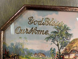 Antique Octagonal Shape Convex Metal Frame "God Bless Our Home" Diorama Artwork