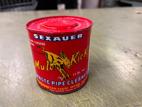 VTG Antique 1930s Mule Kick Waste Pipe Cleaner 12oz Graphic Tin Can Unopened