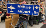 Vtg Sign Mcville Airport Road Street Airplane Oil Gas Advertising 48x15 Garage!