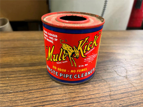VTG Antique 1930s Mule Kick Waste Pipe Cleaner 12oz Graphic Tin Can