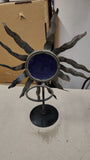 1990's Celestial Cobalt Blue Glass Sun Face Metal Stand Candle Holder