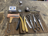 Vtg Barber Tool Lot Shears Straight Razors Brush Williams Soap Carry Pouch Antiq