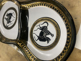 Vintage Aldon Glass Serving Candy Dish Black Gold White MCM Greek Roman Style