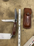 Case XX 6265 SS Folding Hunting Knife Brown Wood Handle 2 Blades Leather sheath