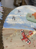 Hand Painted Saw Blade Wall Art Folk Art Vintage Red BAron Airplanes Zepplin ww1